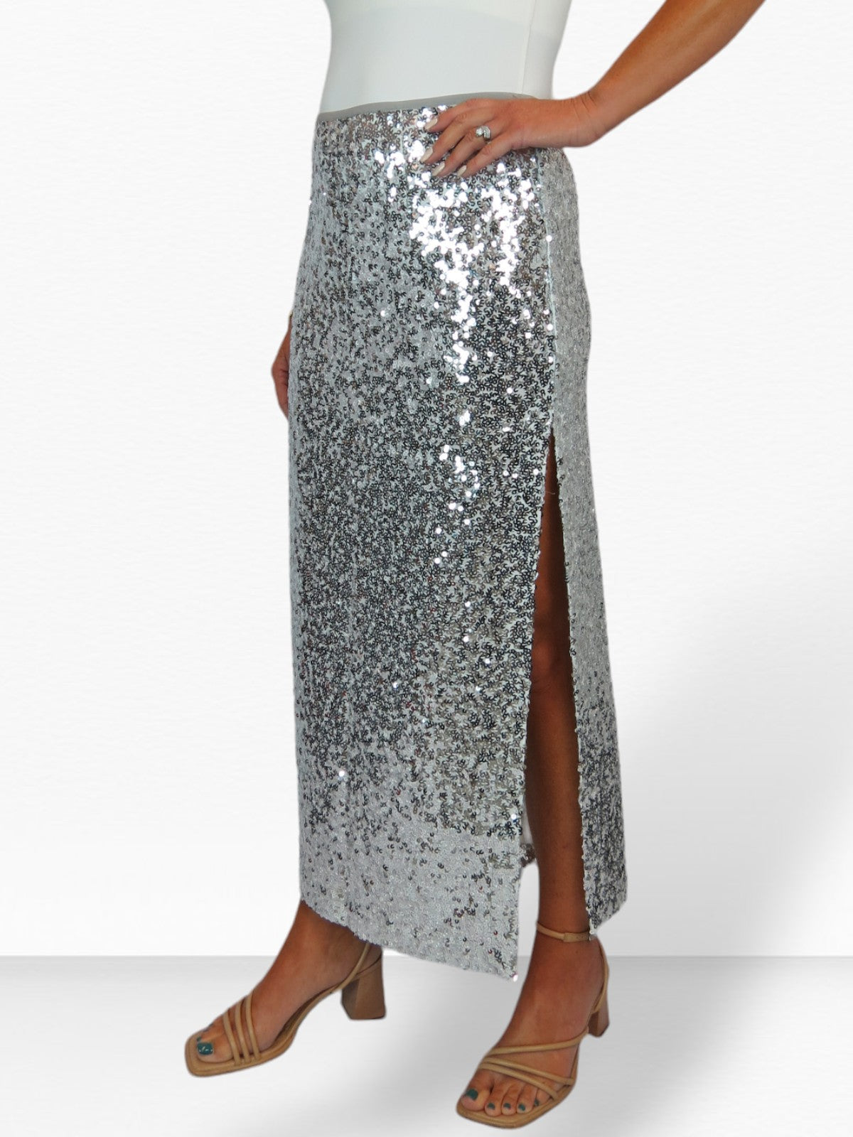 Womens Sequin Maxi Skirt With Side Slit Silver