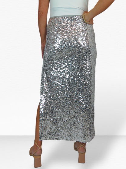 Womens Sequin Maxi Skirt With Side Slit Silver