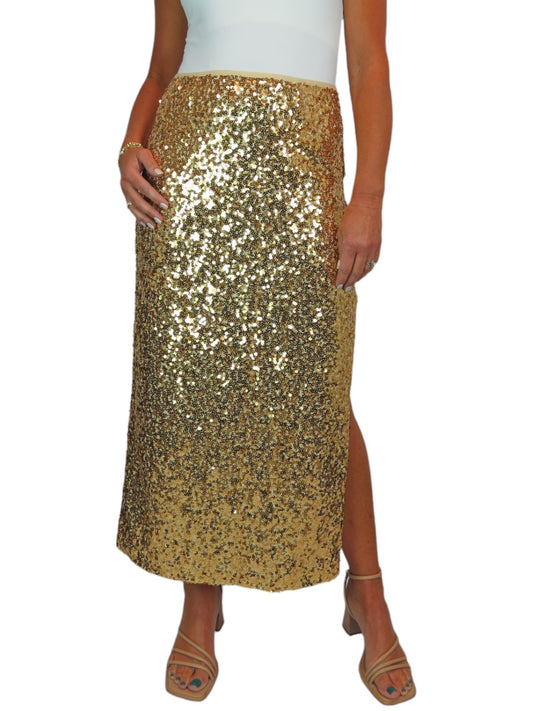 Womens Sequin Maxi Skirt With Side Slit Gold