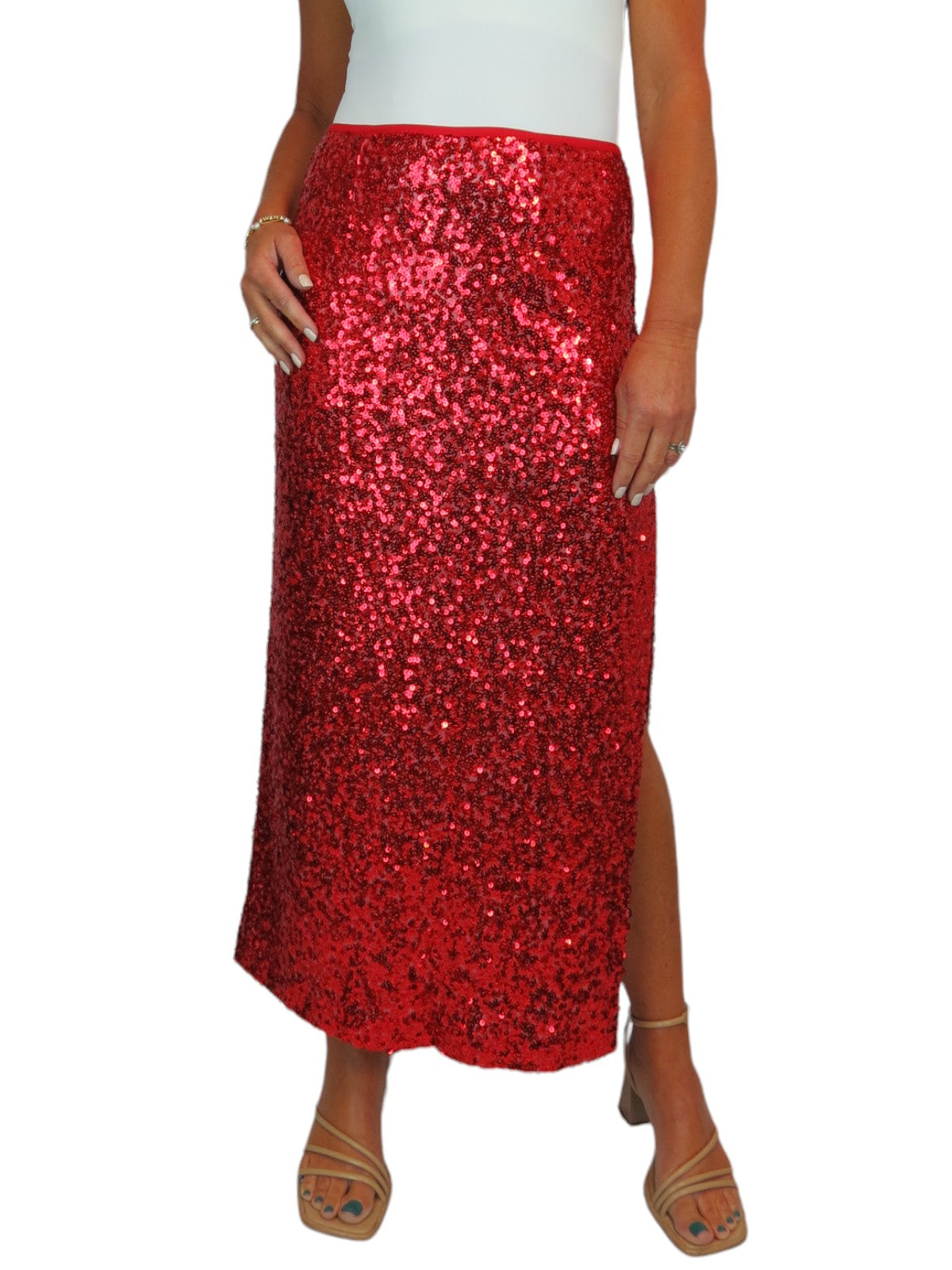 Womens Sequin Maxi Skirt With Side Slit Red