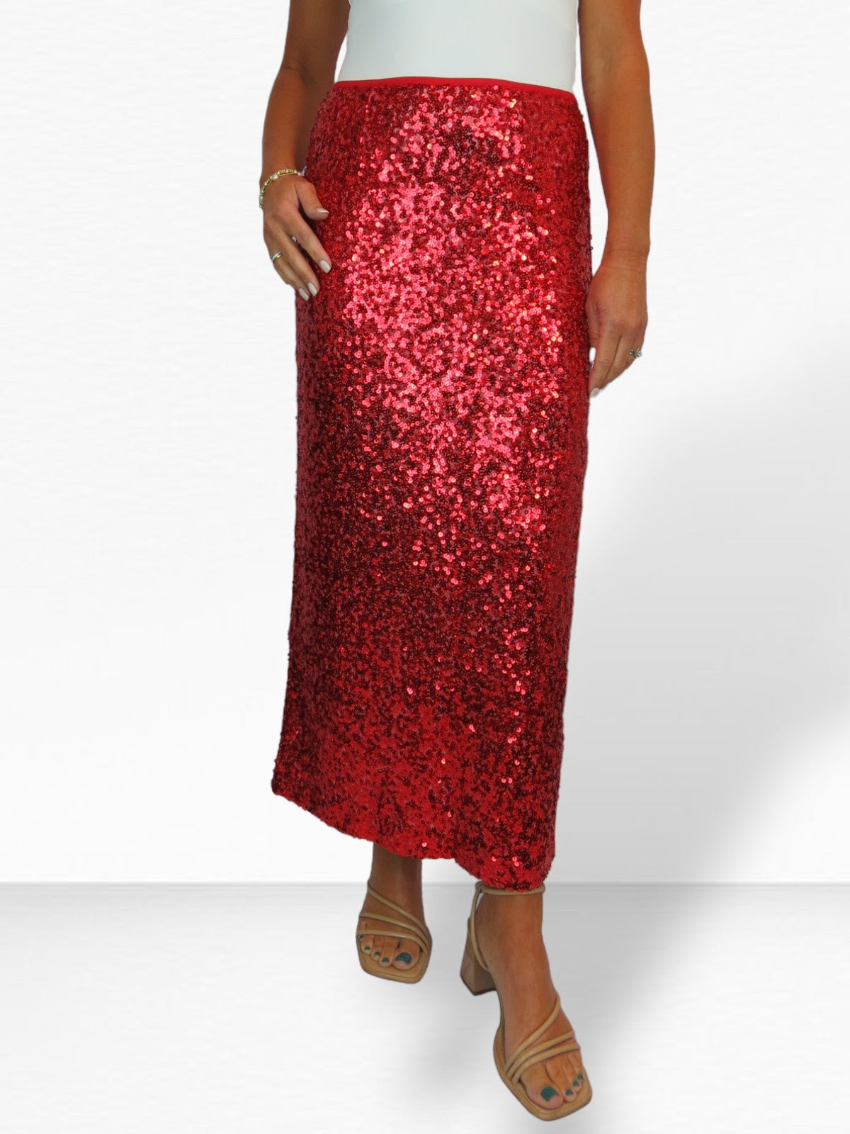 Womens Sequin Maxi Skirt With Side Slit Red