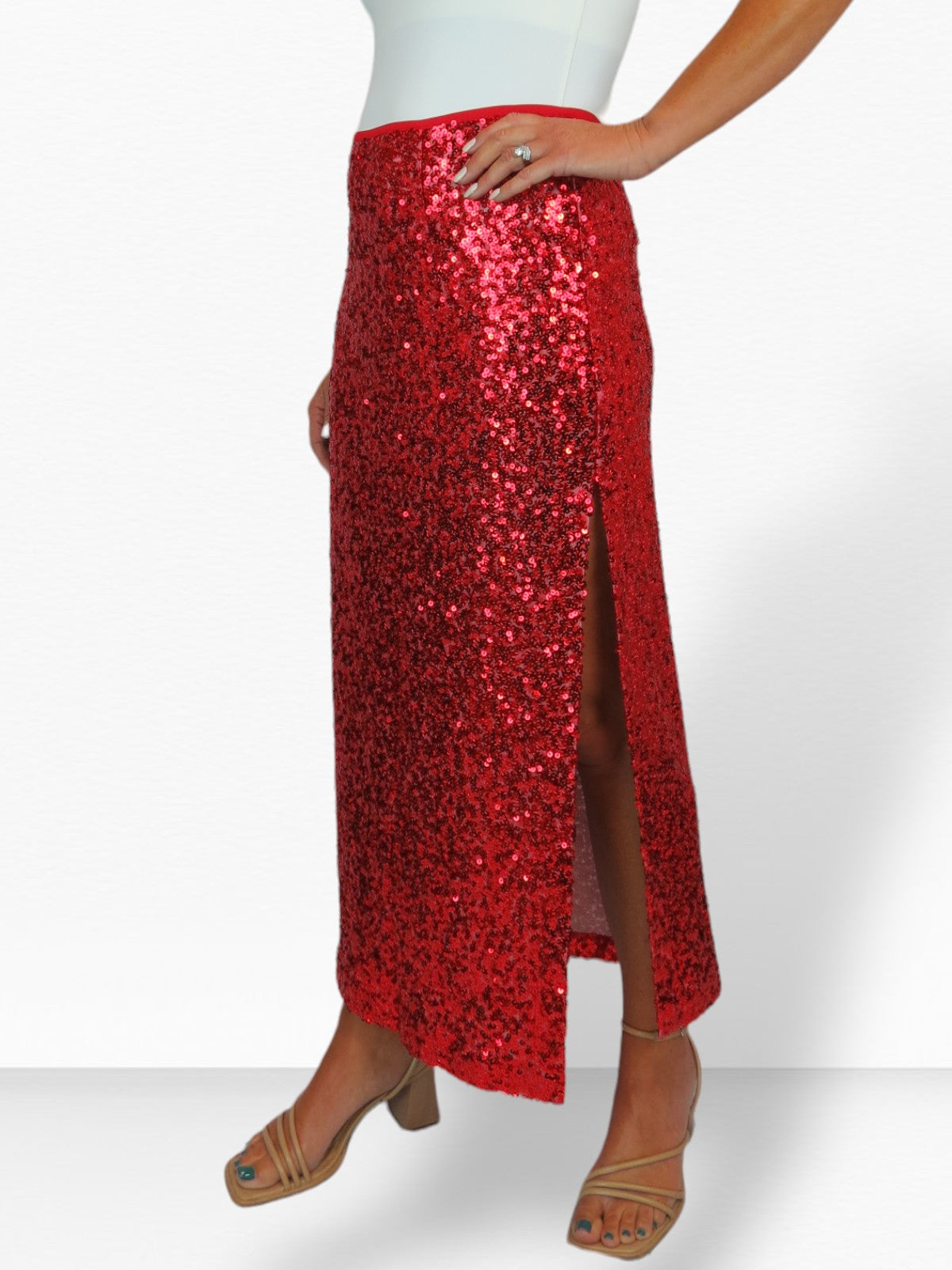 Womens Sequin Maxi Skirt With Side Slit Red