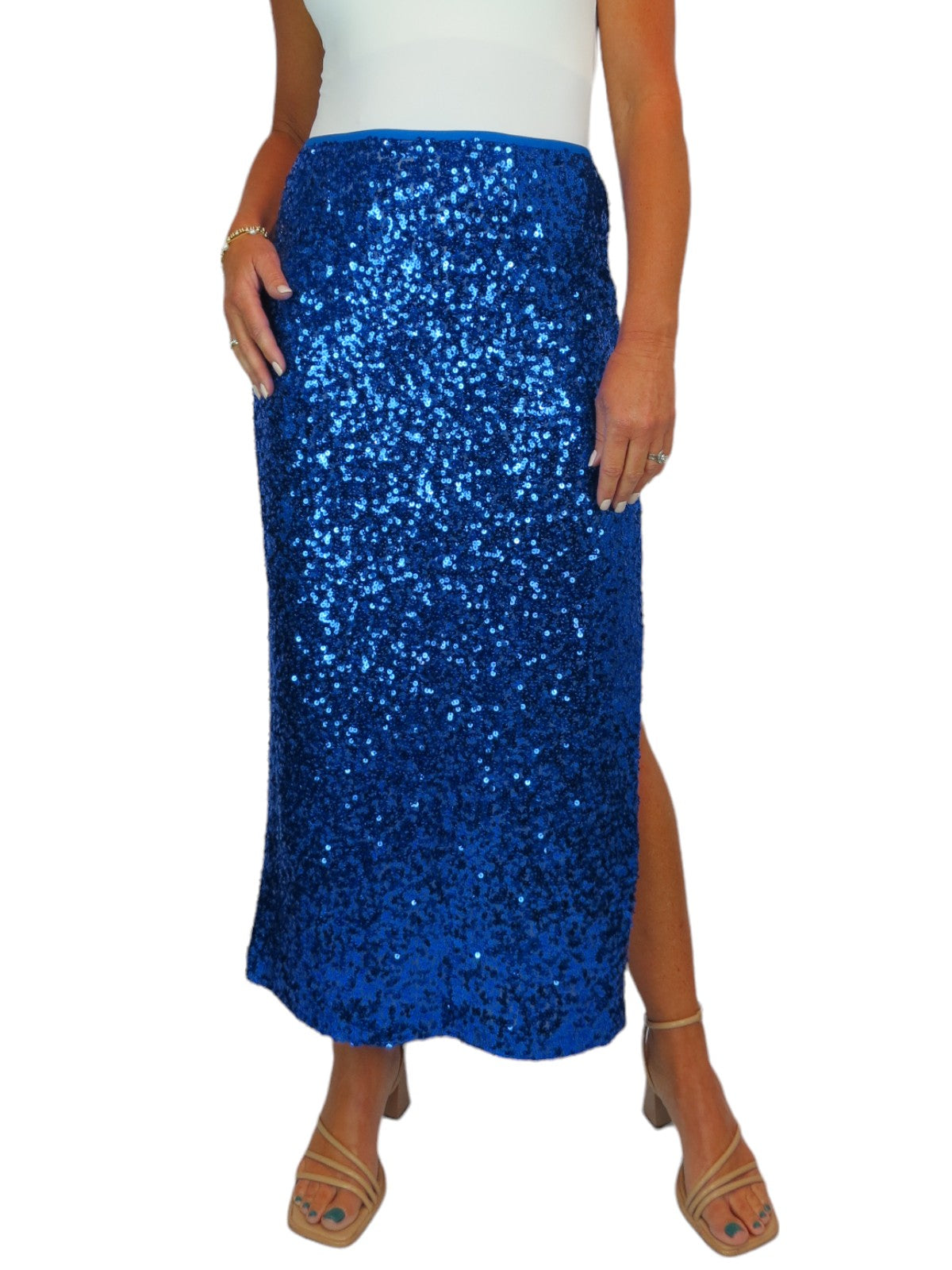 Womens Sequin Maxi Skirt With Side Slit Royal Blue