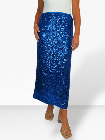 Womens Sequin Maxi Skirt With Side Slit Royal Blue