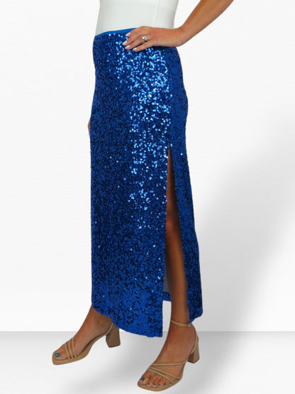 Womens Sequin Maxi Skirt With Side Slit Royal Blue