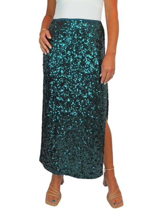 Womens Sequin Maxi Skirt With Side Slit Dark Green