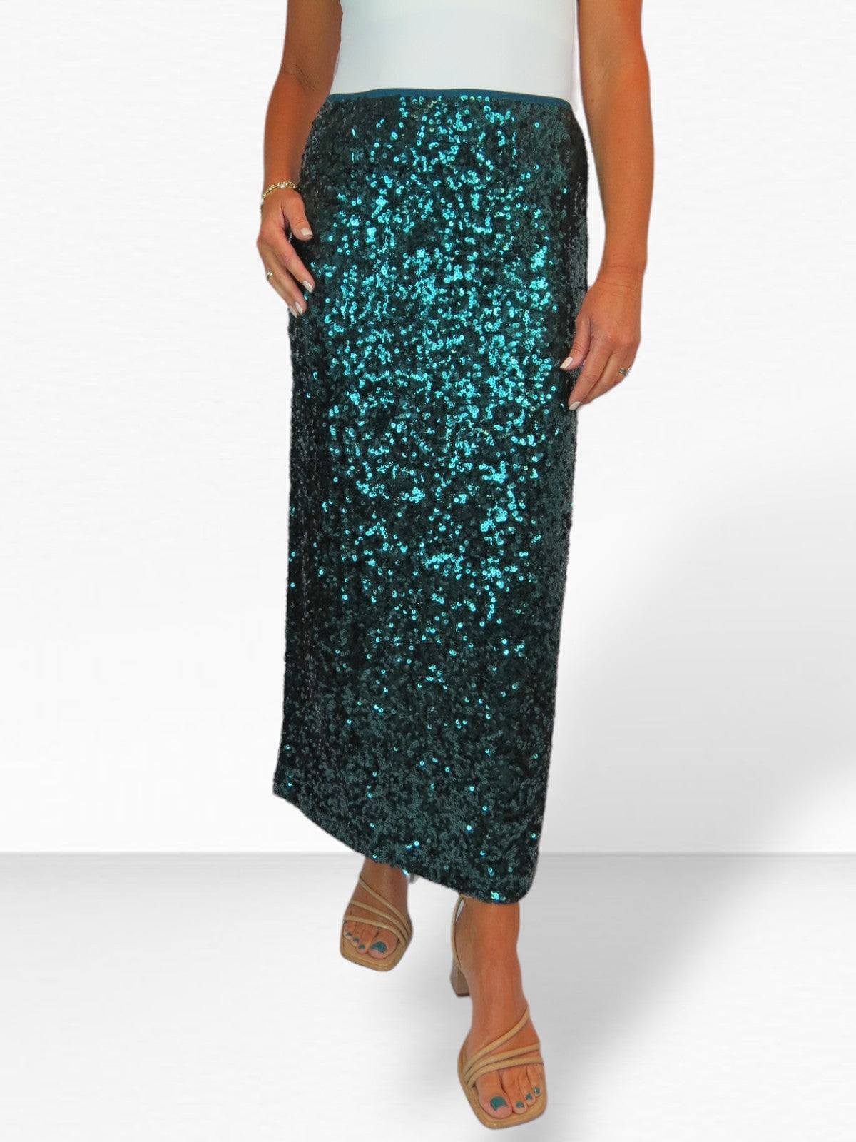 Womens Sequin Maxi Skirt With Side Slit Dark Green