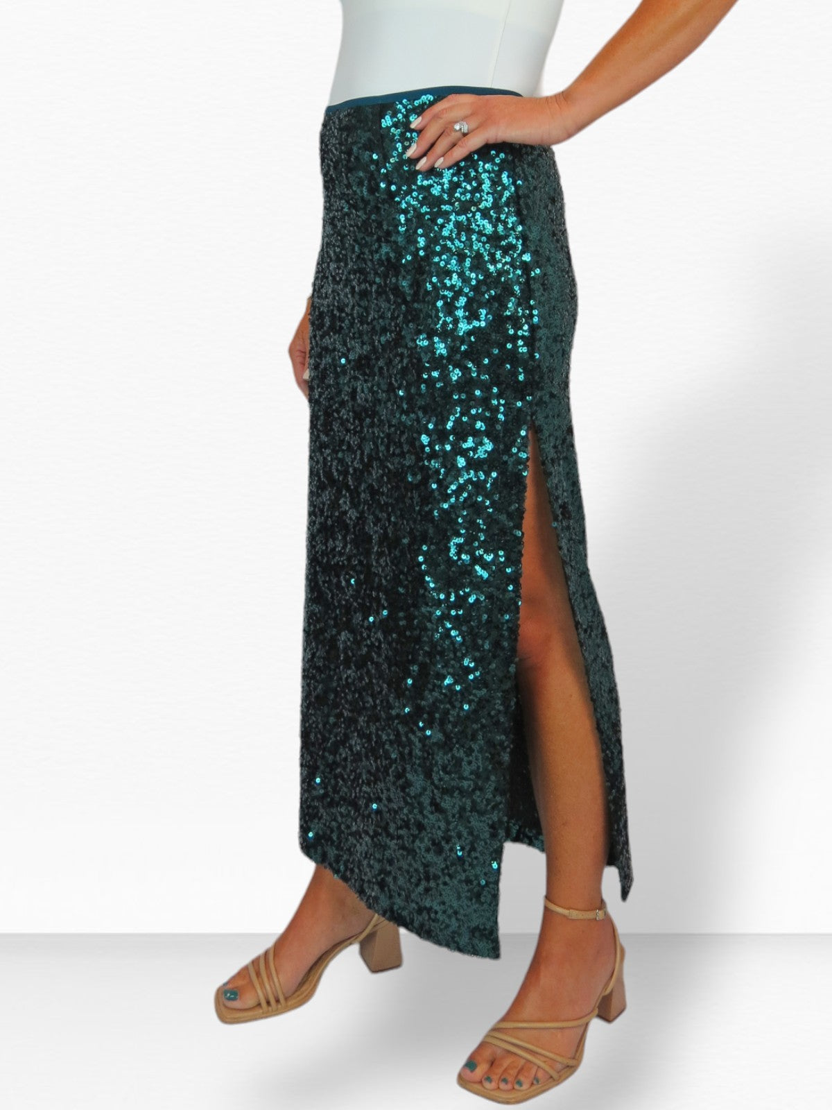 Womens Sequin Maxi Skirt With Side Slit Dark Green