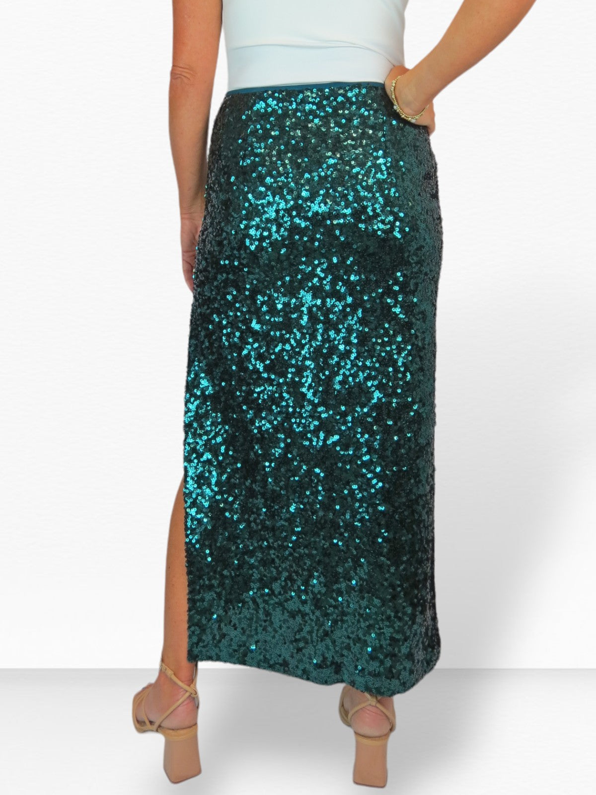 Womens Sequin Maxi Skirt With Side Slit Dark Green