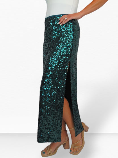 Womens Sequin Maxi Skirt With Side Slit Dark Green