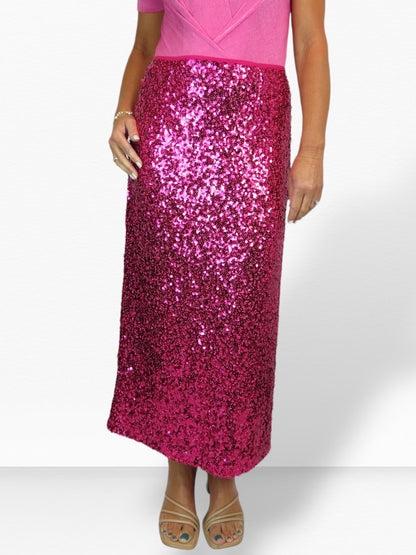 Womens Sequin Maxi Skirt With Side Slit Hot Pink