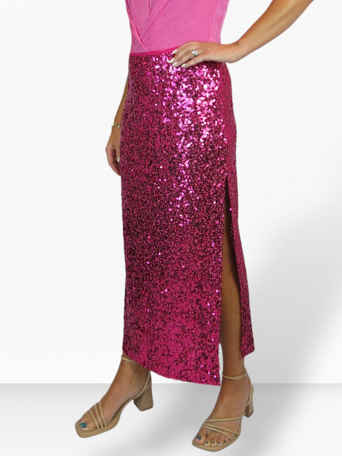 Womens Sequin Maxi Skirt With Side Slit Hot Pink