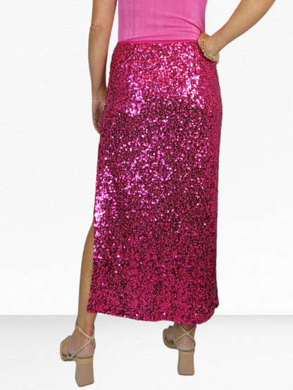 Womens Sequin Maxi Skirt With Side Slit Hot Pink