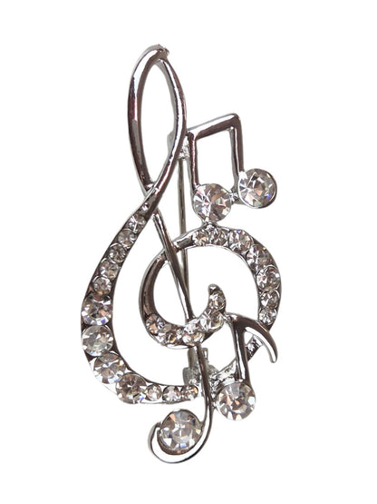 Treble Clef Music Symbol Diamante Brooch Silver