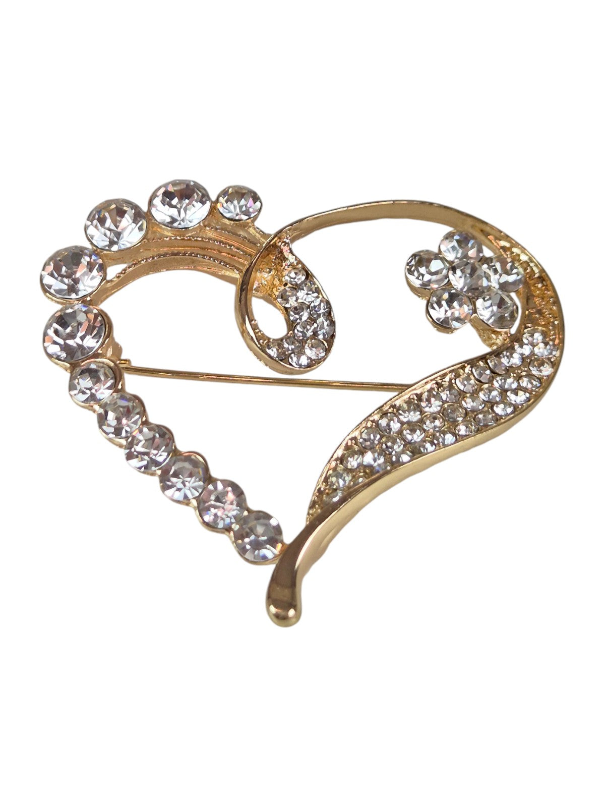 Diamante Love Heart Brooch Pin Gold