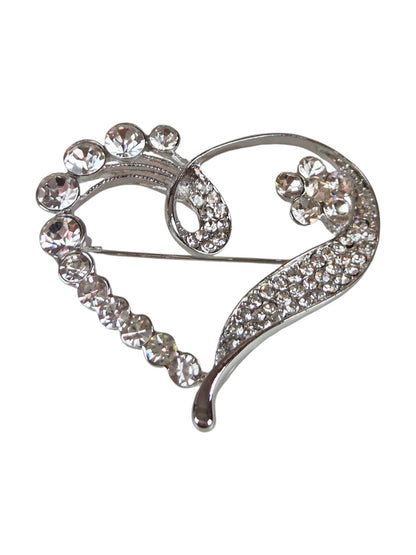 Diamante Love Heart Brooch Pin Silver