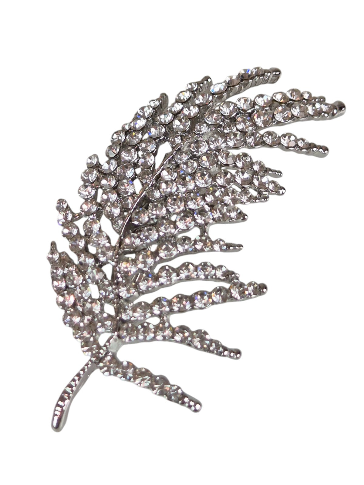 Large Feather Brooch Pin Encrusted in Diamante Silver