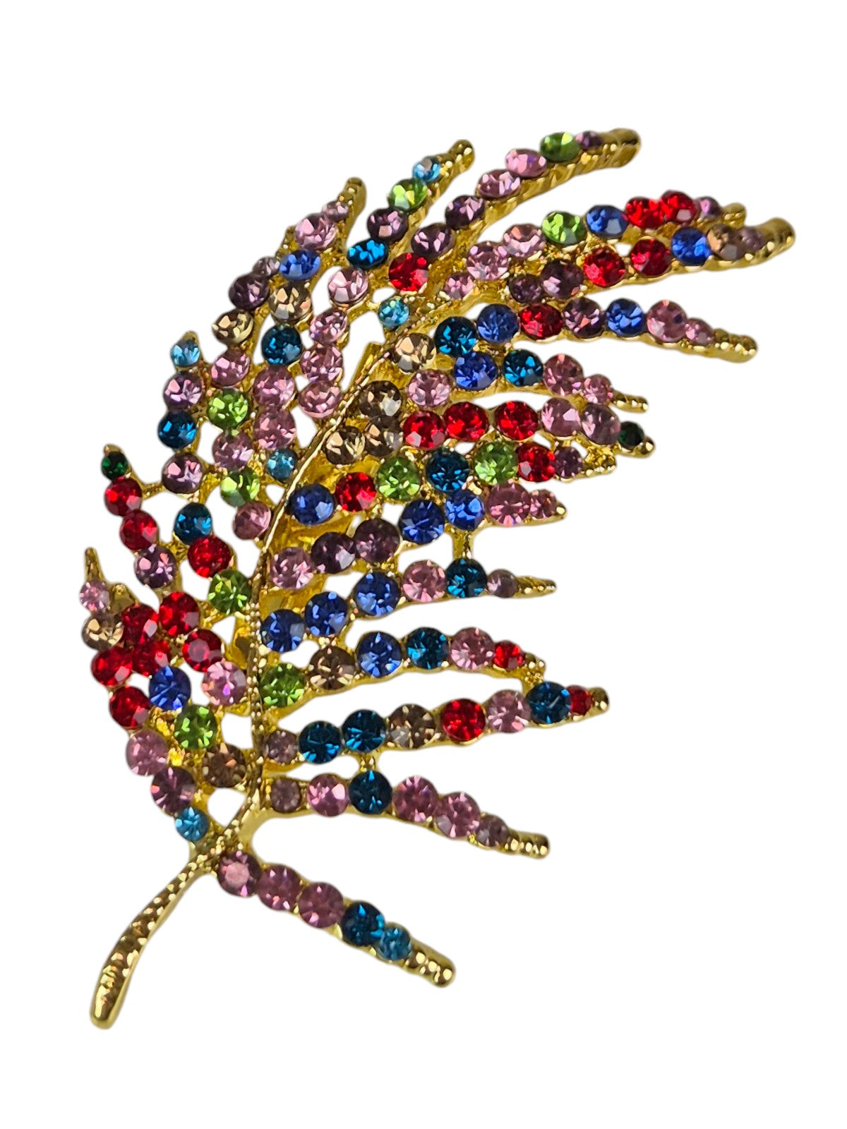 Large Feather Brooch Pin Encrusted in Diamante Multi