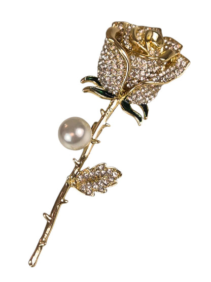 Single Rose Diamante Brooch Gold