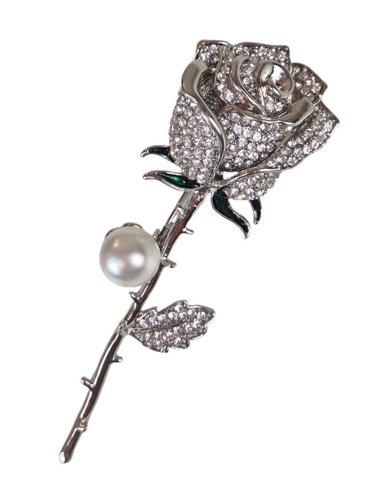 Single Rose Diamante Brooch Silver