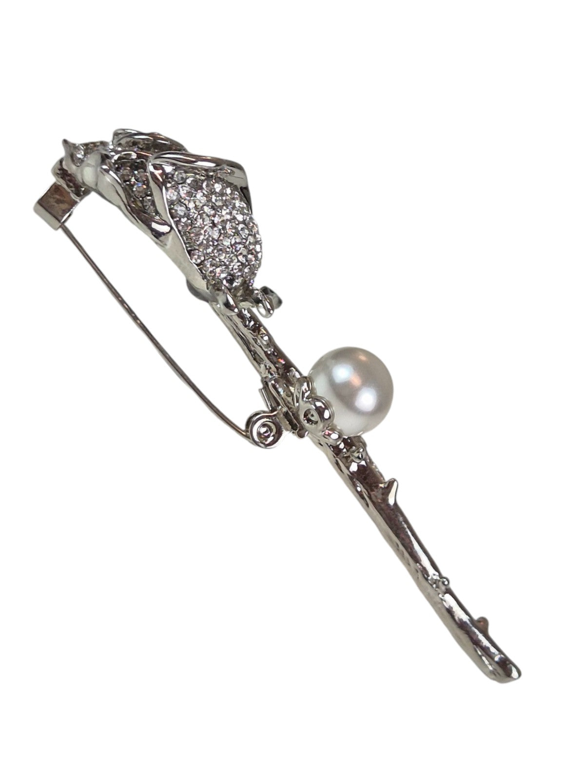 Single Rose Diamante Brooch Silver