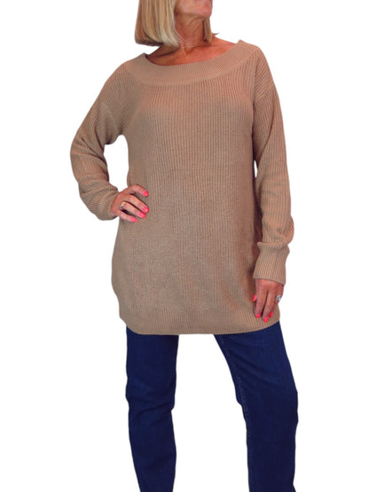 Oversized Longline Pullover Jumper - Medium Knit Taupe