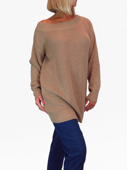 Oversized Longline Pullover Jumper - Medium Knit Taupe