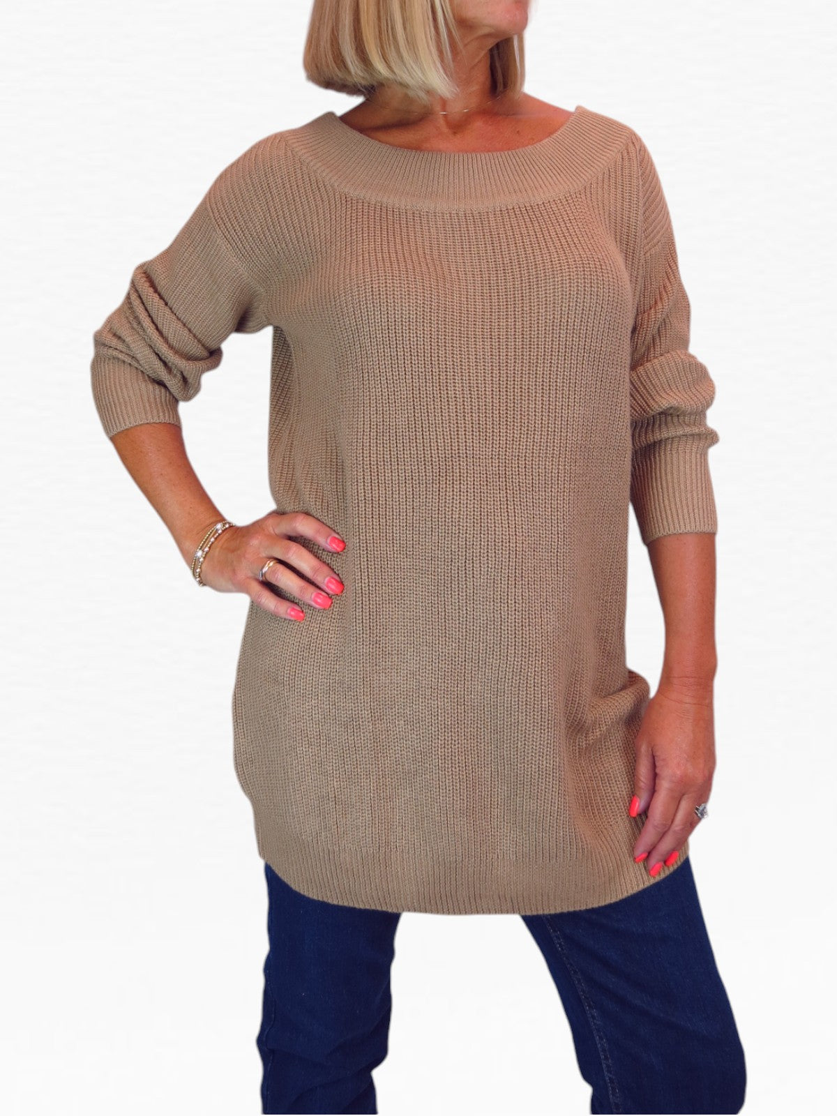 Oversized Longline Pullover Jumper - Medium Knit Taupe