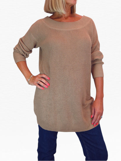 Oversized Longline Pullover Jumper - Medium Knit Taupe