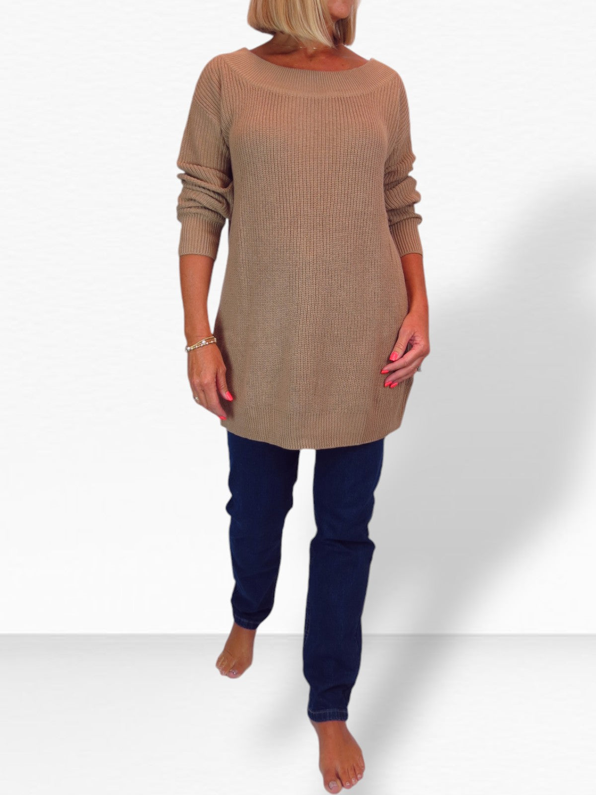 Oversized Longline Pullover Jumper - Medium Knit Taupe