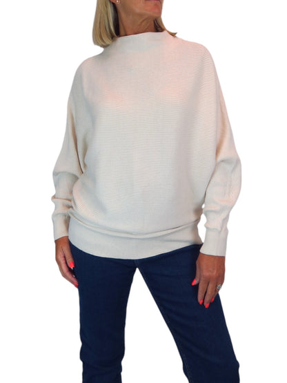 Ribbed Turtle Neck Batwing Jumper Beige