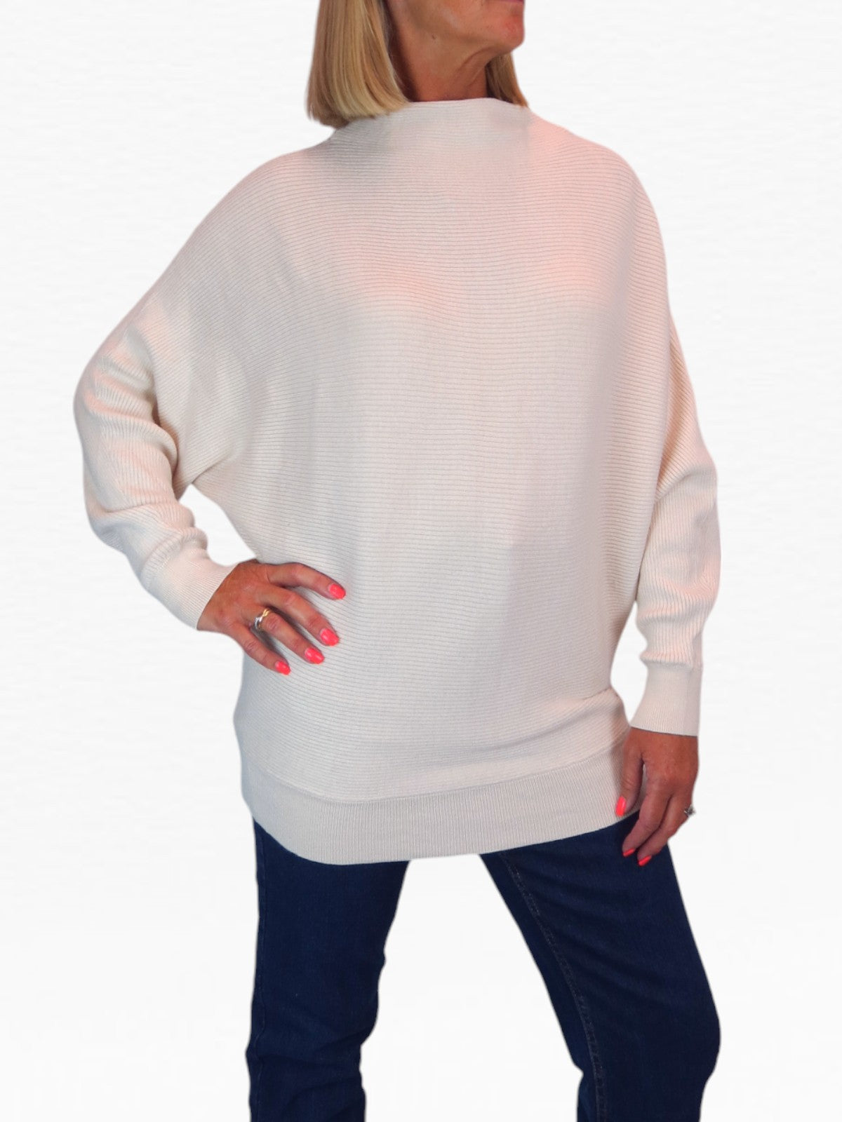 Ribbed Turtle Neck Batwing Jumper Beige