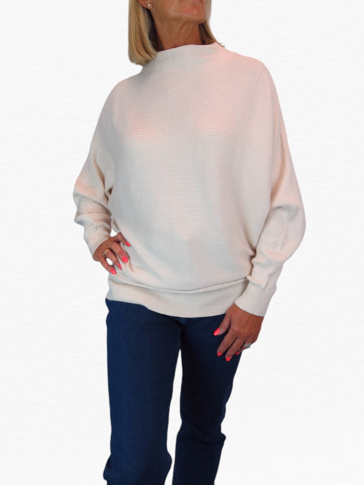 Ribbed Turtle Neck Batwing Jumper Beige