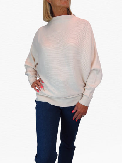 Ribbed Turtle Neck Batwing Jumper Beige