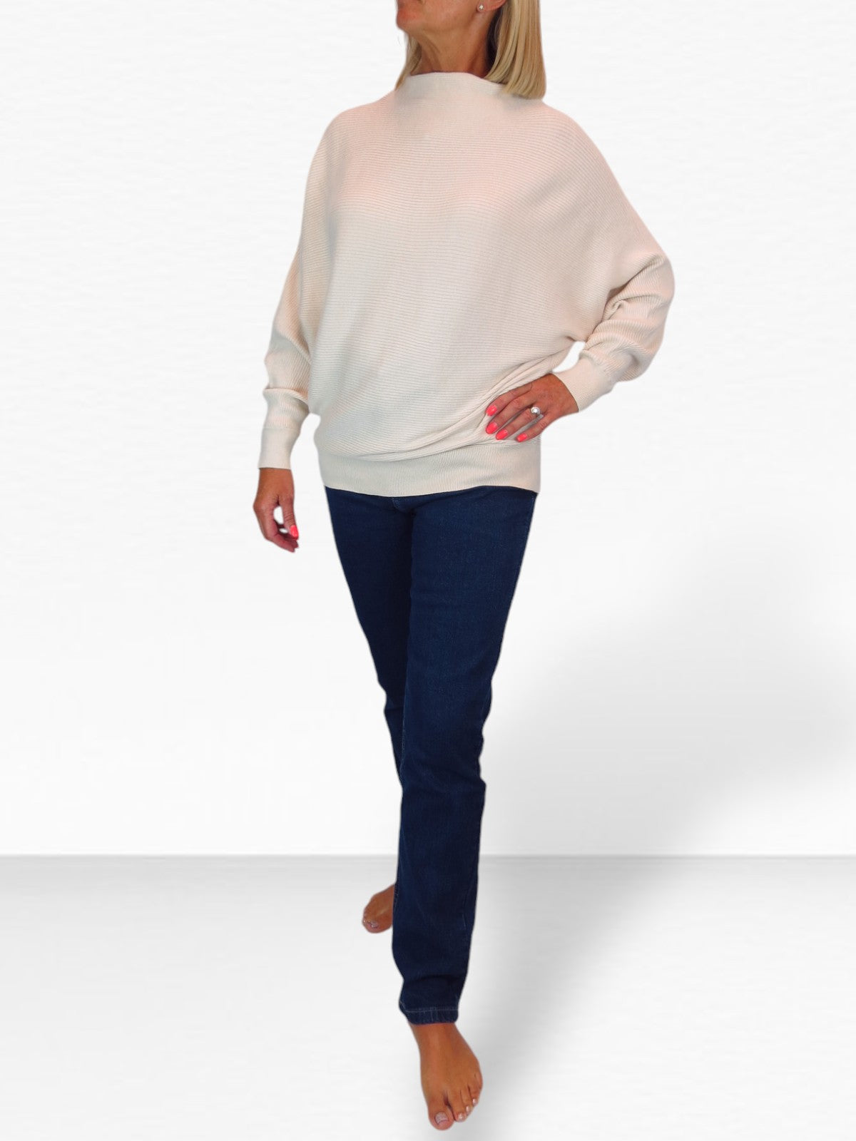 Ribbed Turtle Neck Batwing Jumper Beige