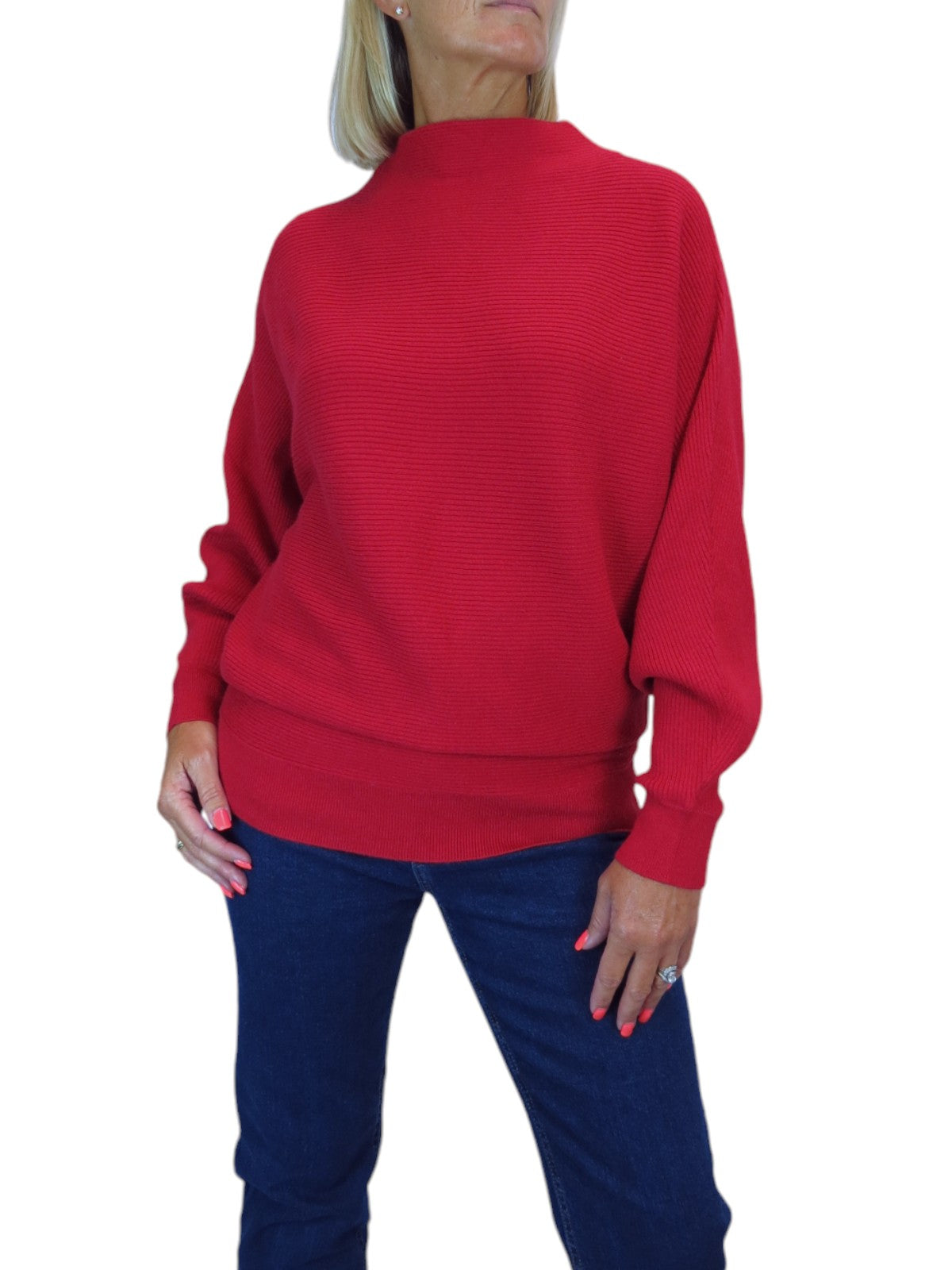 Ribbed Turtle Neck Batwing Jumper Red