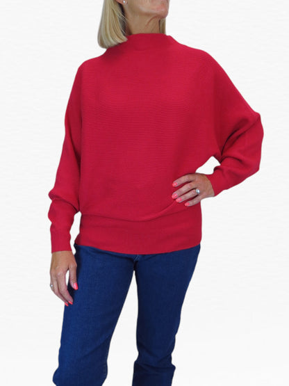 Ribbed Turtle Neck Batwing Jumper Red