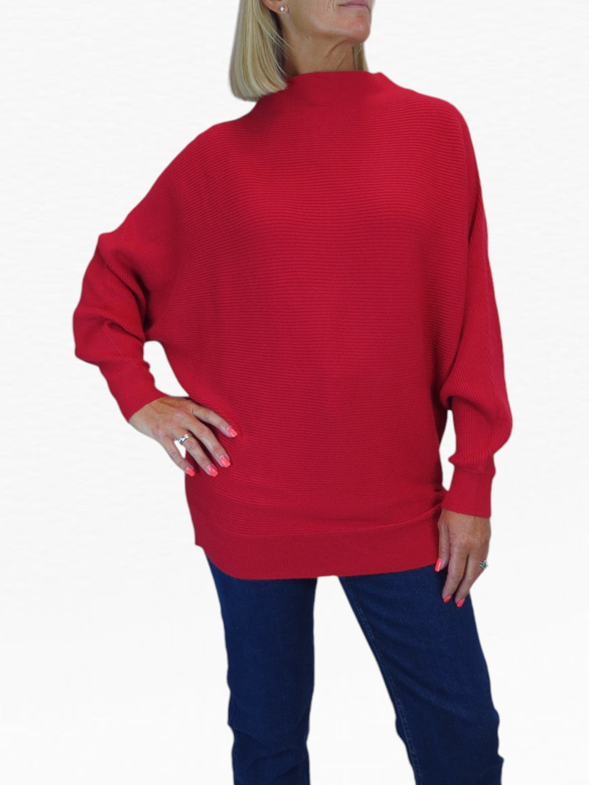 Ribbed Turtle Neck Batwing Jumper Red