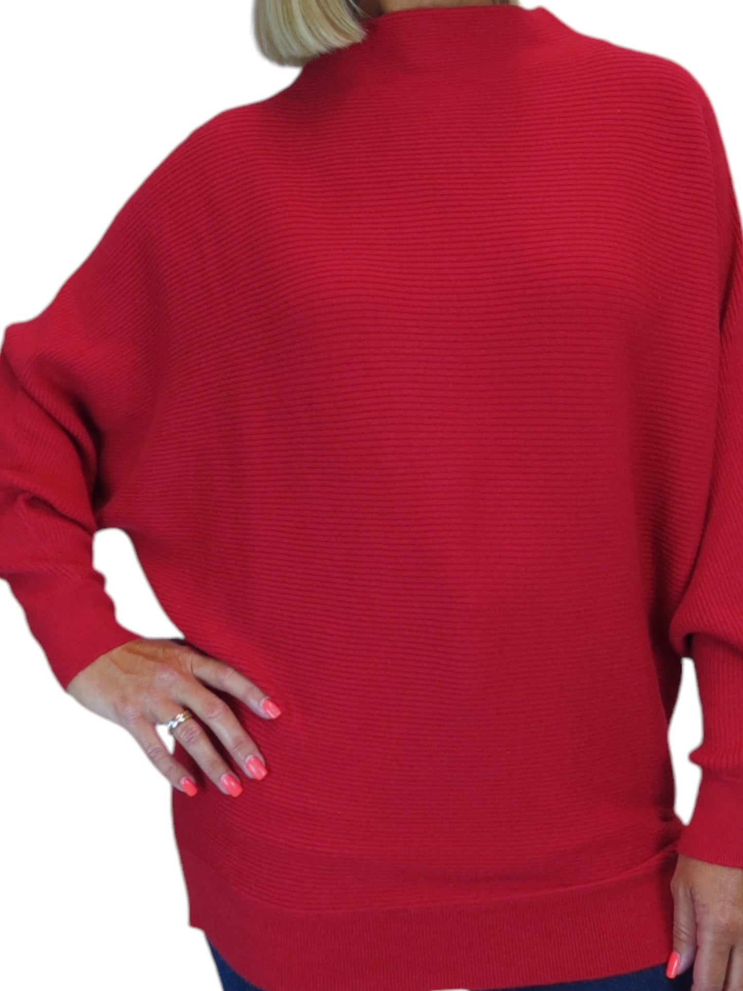 Ribbed Turtle Neck Batwing Jumper Red