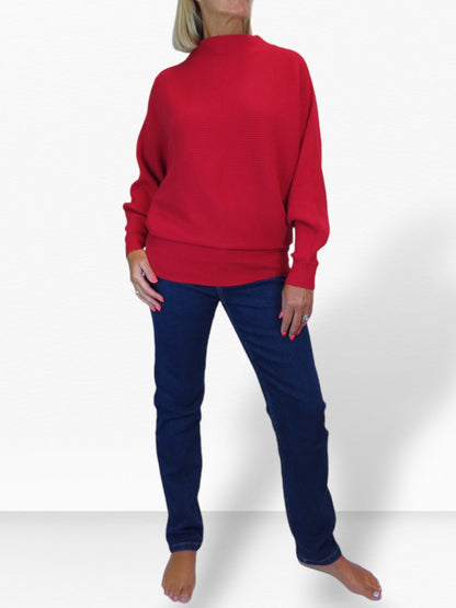 Ribbed Turtle Neck Batwing Jumper Red