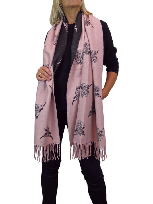 Highland Cow Cashmere Scarf Reversible Pashmina Shawl Pink