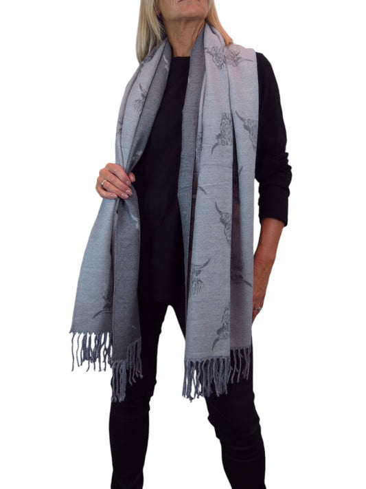 Highland Cow Cashmere Scarf Reversible Pashmina Shawl Grey