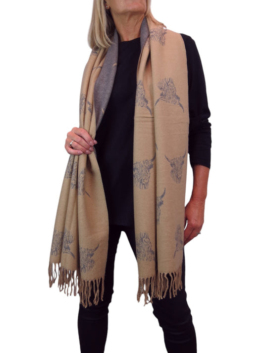 Highland Cow Cashmere Scarf Reversible Pashmina Shawl Beige