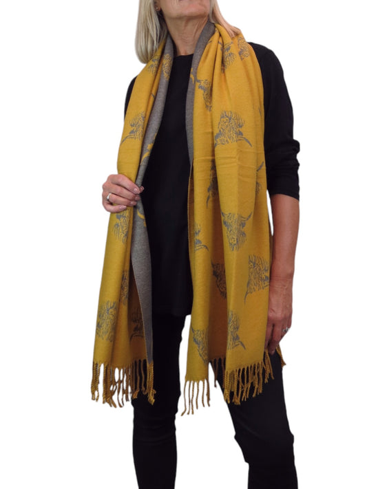 Highland Cow Cashmere Scarf Reversible Pashmina Shawl Mustard Yellow