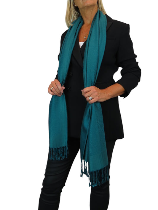 Paisley Jacquard Fine Pashmina Shawl Wrap Teal Green