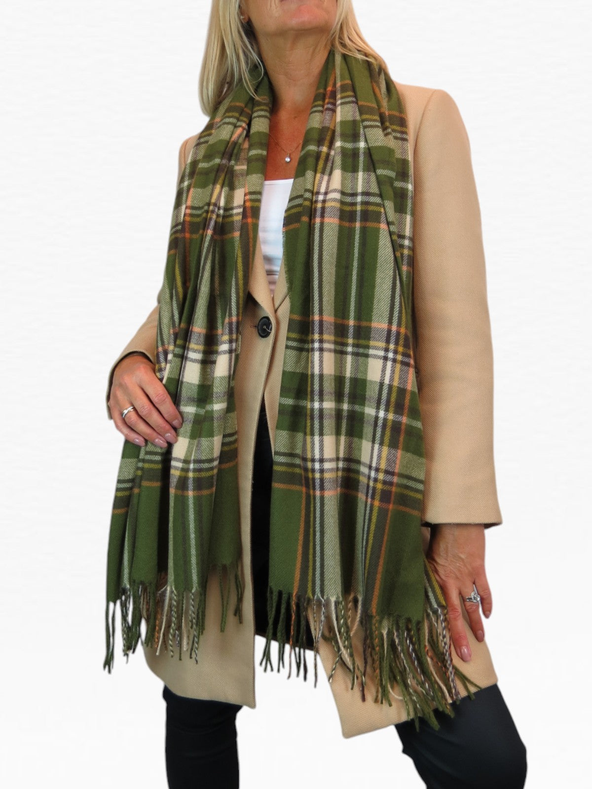 Plaid Tartan Soft Wool Pashmina Shawl Scarf Khaki Green