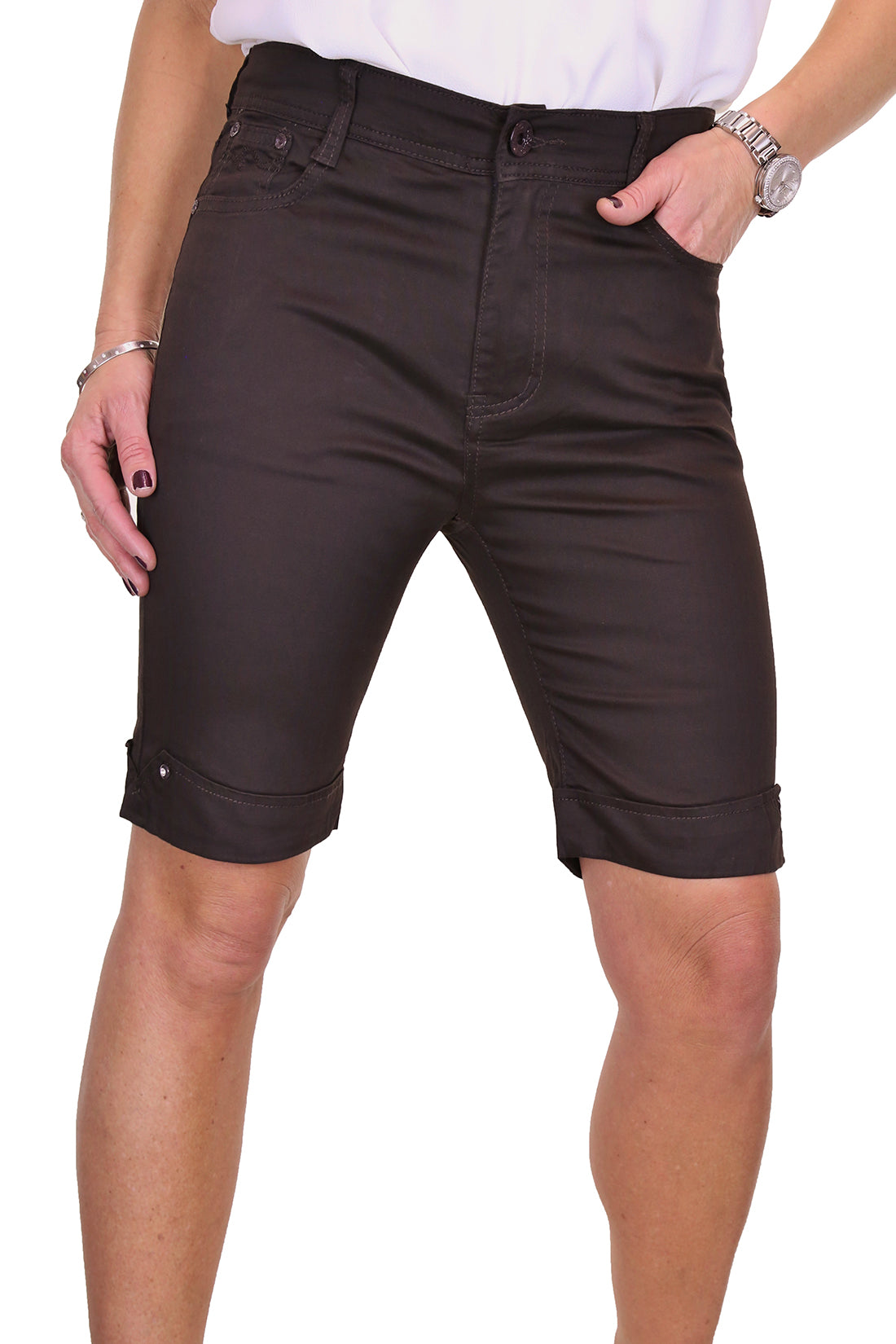 Stretch Diamante Cuff Chino Sheen Jeans Shorts Brown