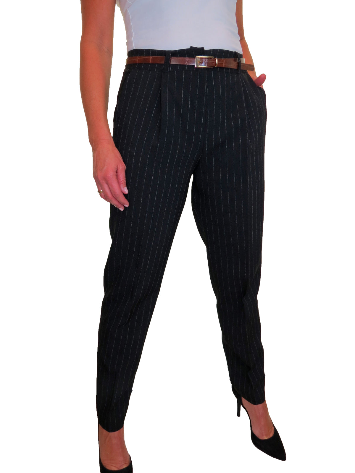 Ladies Smart Tapered Leg Trousers Pinstripe Black