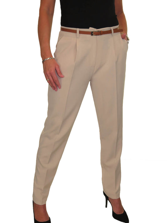 Ladies Smart Tapered Leg Trousers Beige