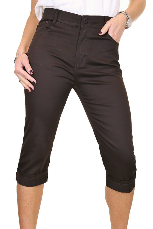 Turn Up Cuff Jeans Chino Stretch Capri Cropped Brown